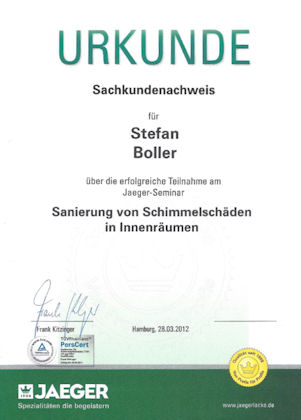 Sachkundenachweis Sanierung von Schimmelschäden - Maler Boller