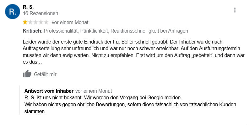 Fake Rezension von Google Nutzer