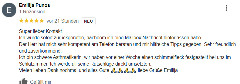 positive Rezension bei Google für Schimmelberatung durch Maler Boller